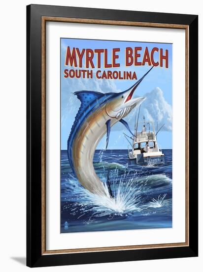 Myrtle Beach, South Carolina - Marlin Fishing Scene-Lantern Press-Framed Art Print