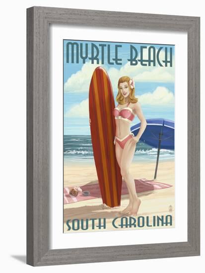 Myrtle Beach, South Carolina - Pinup Girl Surfing-Lantern Press-Framed Art Print