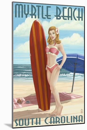 Myrtle Beach, South Carolina - Pinup Girl Surfing-Lantern Press-Mounted Art Print