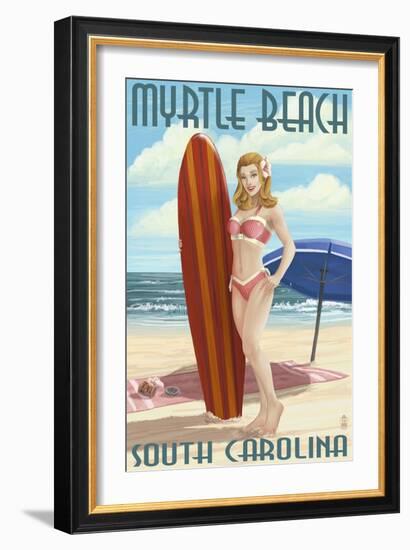 Myrtle Beach, South Carolina - Pinup Girl Surfing-Lantern Press-Framed Art Print