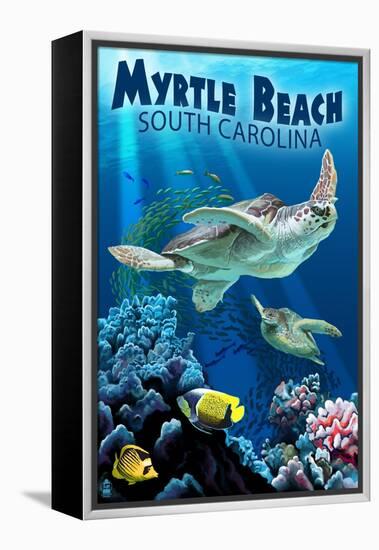 Myrtle Beach, South Carolina - Sea Turtles Swimming-Lantern Press-Framed Stretched Canvas