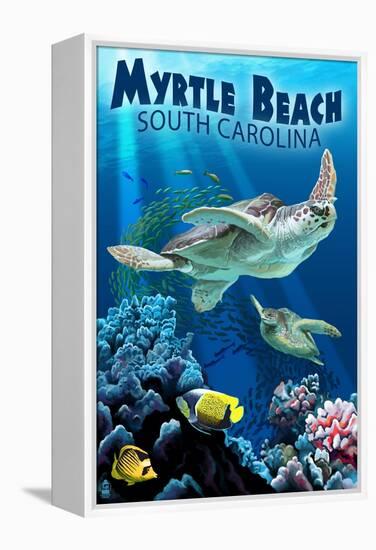 Myrtle Beach, South Carolina - Sea Turtles Swimming-Lantern Press-Framed Stretched Canvas