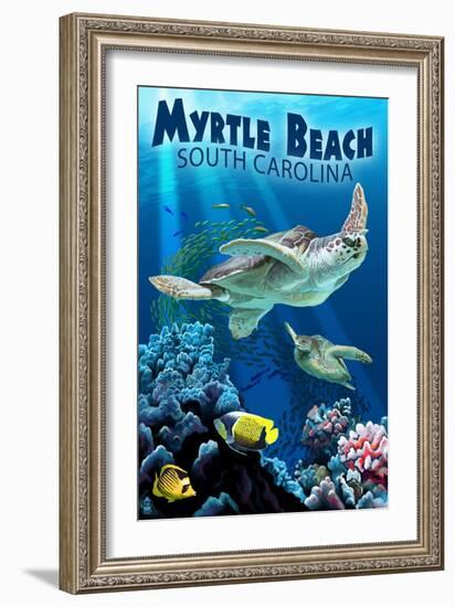 Myrtle Beach, South Carolina - Sea Turtles Swimming-Lantern Press-Framed Premium Giclee Print