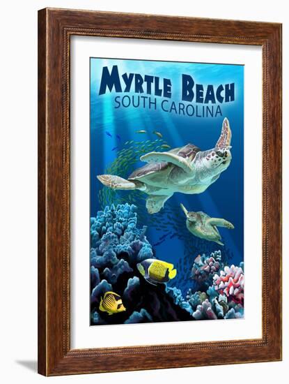 Myrtle Beach, South Carolina - Sea Turtles Swimming-Lantern Press-Framed Premium Giclee Print