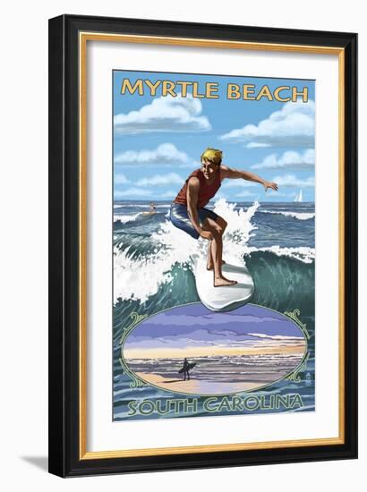 Myrtle Beach, South Carolina - Surfer with Inset-Lantern Press-Framed Art Print