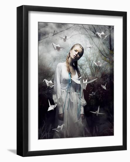 Mystery. Origami. Woman with White Paper Pigeon. Fairy Tale. Fantasy-Iryna Hramavataya-Framed Photographic Print