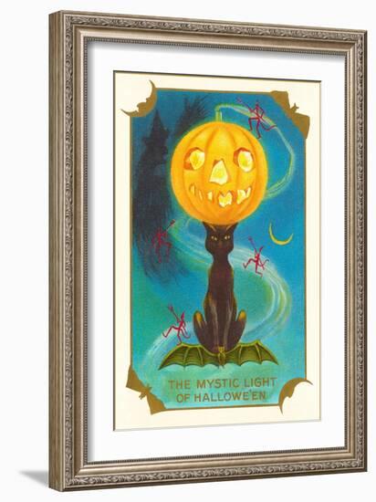 Mystic Light of Halloween, Jack O'Lantern on Black Cat-null-Framed Art Print