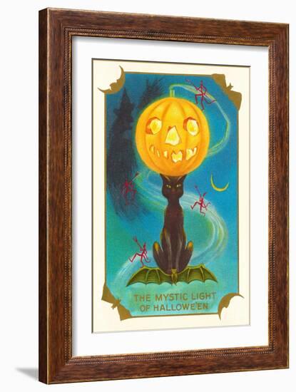 Mystic Light of Halloween, Jack O'Lantern on Black Cat-null-Framed Art Print