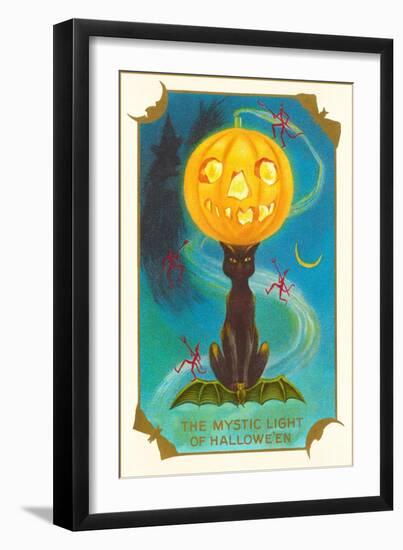 Mystic Light of Halloween, Jack O'Lantern on Black Cat-null-Framed Art Print