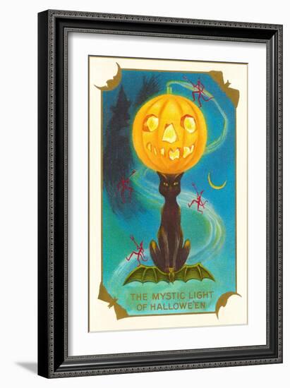 Mystic Light of Halloween, Jack O'Lantern on Black Cat-null-Framed Art Print