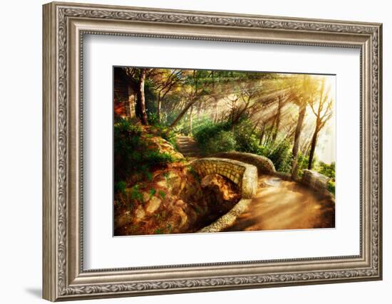 Mystical Park. Old Trees and Ancient Stone Bridge. Pathway. Misty Forest. Fantasy Landscape-Subbotina Anna-Framed Photographic Print