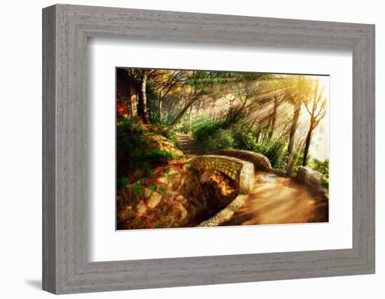 Mystical Park. Old Trees and Ancient Stone Bridge. Pathway. Misty Forest. Fantasy Landscape-Subbotina Anna-Framed Photographic Print