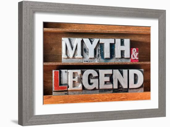 Myth and Legend Words Made from Metallic Letterpress Type on Wooden Tray-Yury Zap-Framed Photographic Print