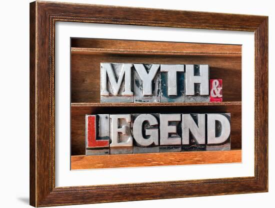 Myth and Legend Words Made from Metallic Letterpress Type on Wooden Tray-Yury Zap-Framed Photographic Print