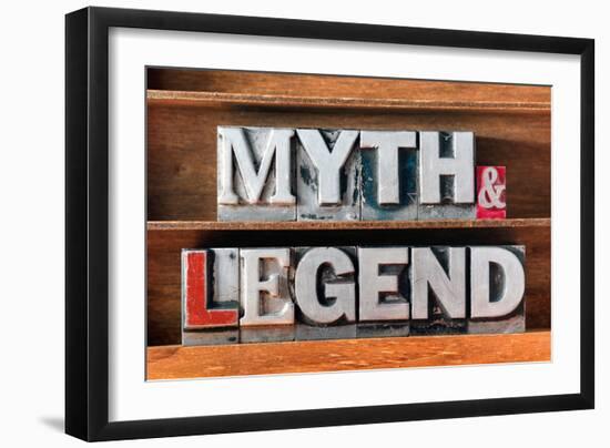 Myth and Legend Words Made from Metallic Letterpress Type on Wooden Tray-Yury Zap-Framed Photographic Print