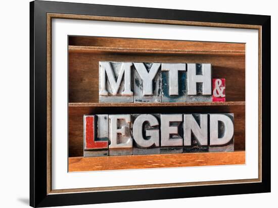 Myth and Legend Words Made from Metallic Letterpress Type on Wooden Tray-Yury Zap-Framed Photographic Print