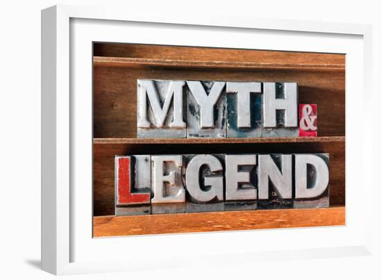 Myth and Legend Words Made from Metallic Letterpress Type on Wooden Tray-Yury Zap-Framed Photographic Print