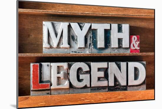 Myth and Legend Words Made from Metallic Letterpress Type on Wooden Tray-Yury Zap-Mounted Photographic Print