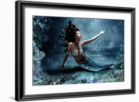 Mythology Being, Mermaid In Underwater Scene, Photo Compilation-coka-Framed Premium Giclee Print