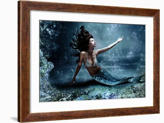 Mythology Being, Mermaid In Underwater Scene, Photo Compilation-coka-Framed Premium Giclee Print