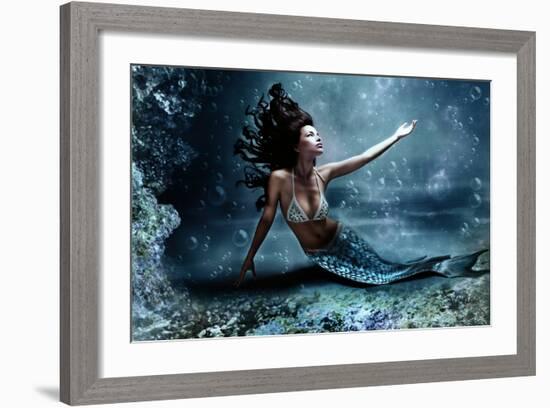 Mythology Being, Mermaid In Underwater Scene, Photo Compilation-coka-Framed Art Print