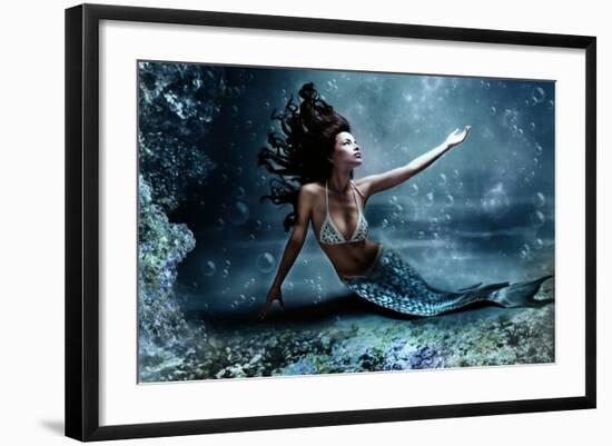 Mythology Being, Mermaid In Underwater Scene, Photo Compilation-coka-Framed Art Print