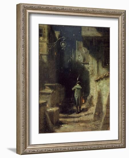 Nachtwächter in einer Gasse einer alten Stadt. Um 1875-Carl Spitzweg-Framed Giclee Print