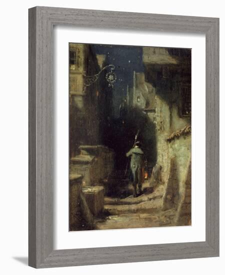 Nachtwächter in einer Gasse einer alten Stadt. Um 1875-Carl Spitzweg-Framed Giclee Print