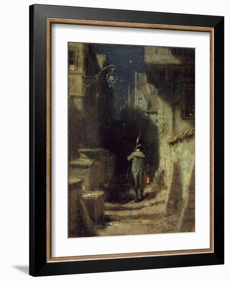 Nachtwächter in einer Gasse einer alten Stadt. Um 1875-Carl Spitzweg-Framed Giclee Print