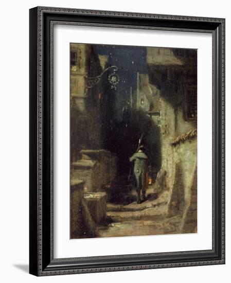 Nachtwächter in einer Gasse einer alten Stadt. Um 1875-Carl Spitzweg-Framed Giclee Print