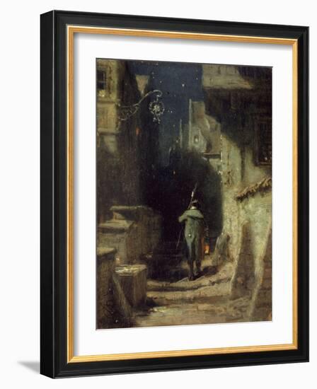 Nachtwächter in einer Gasse einer alten Stadt. Um 1875-Carl Spitzweg-Framed Giclee Print