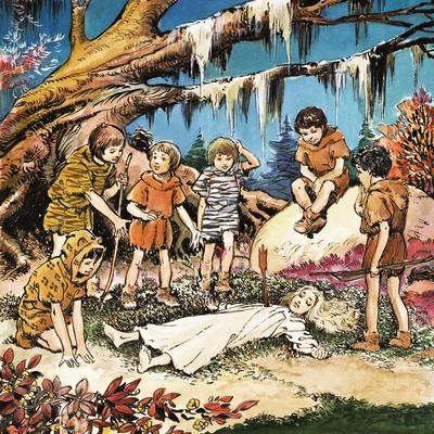 The Lost Boys' Concern for Injured Wendy, Illustration from 'Peter