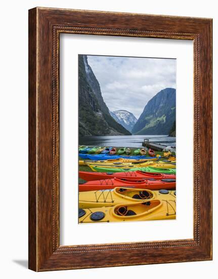 Naeroyforden Fjord with Colorful Kayaks in Water, Gudvangen, Norway-Bill Bachmann-Framed Photographic Print