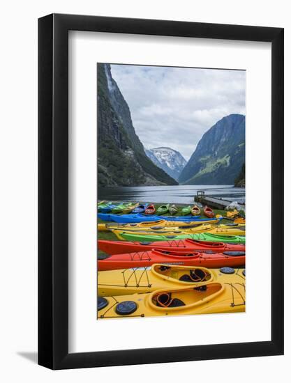 Naeroyforden Fjord with Colorful Kayaks in Water, Gudvangen, Norway-Bill Bachmann-Framed Photographic Print