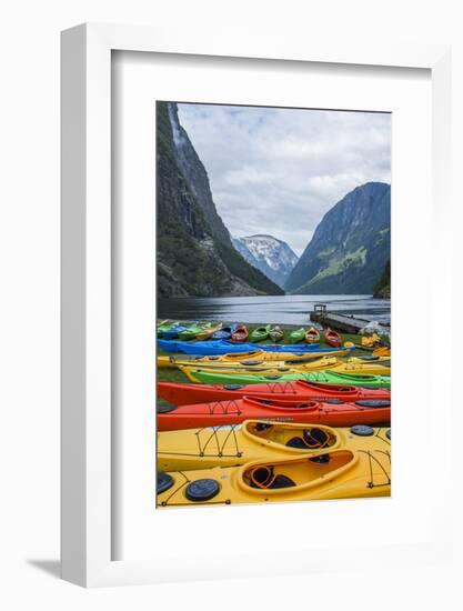 Naeroyforden Fjord with Colorful Kayaks in Water, Gudvangen, Norway-Bill Bachmann-Framed Photographic Print