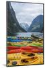 Naeroyforden Fjord with Colorful Kayaks in Water, Gudvangen, Norway-Bill Bachmann-Mounted Photographic Print