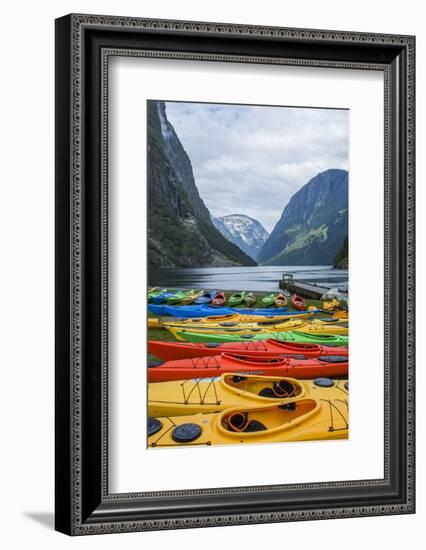 Naeroyforden Fjord with Colorful Kayaks in Water, Gudvangen, Norway-Bill Bachmann-Framed Photographic Print