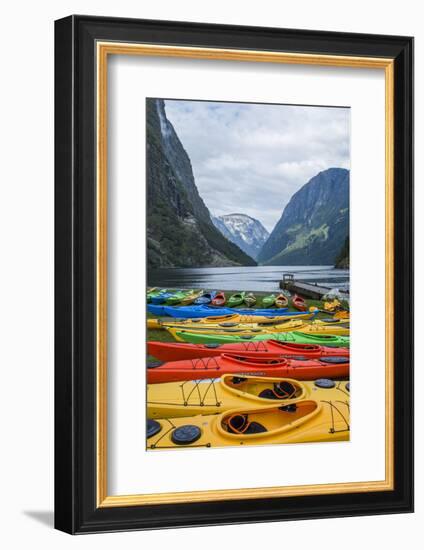Naeroyforden Fjord with Colorful Kayaks in Water, Gudvangen, Norway-Bill Bachmann-Framed Photographic Print