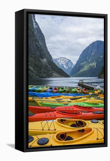 Naeroyforden Fjord with Colorful Kayaks in Water, Gudvangen, Norway-Bill Bachmann-Framed Premier Image Canvas