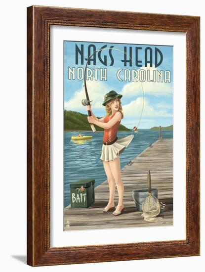 Nags Head, North Carolina - Fishing Pinup-Lantern Press-Framed Art Print