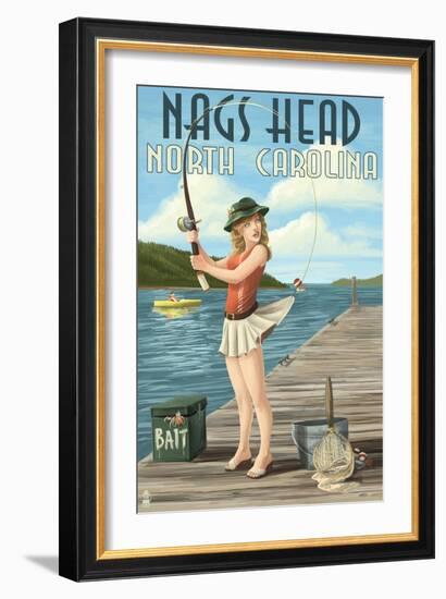 Nags Head, North Carolina - Fishing Pinup-Lantern Press-Framed Art Print