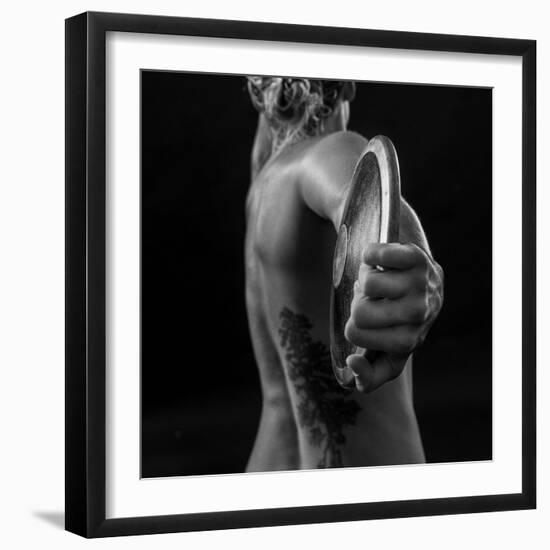 Naked female athlete posing with discus in hand-Panoramic Images-Framed Photographic Print