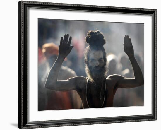 Naked Hindu Holy Man Performs Rituals on Banks of River Ganges During the Kumbh Mela in India-null-Framed Photographic Print