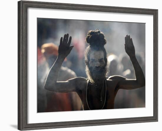 Naked Hindu Holy Man Performs Rituals on Banks of River Ganges During the Kumbh Mela in India-null-Framed Photographic Print