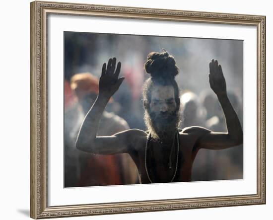 Naked Hindu Holy Man Performs Rituals on Banks of River Ganges During the Kumbh Mela in India-null-Framed Photographic Print