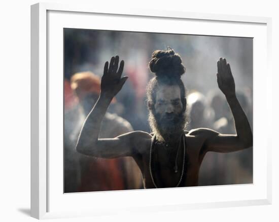 Naked Hindu Holy Man Performs Rituals on Banks of River Ganges During the Kumbh Mela in India-null-Framed Photographic Print