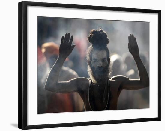 Naked Hindu Holy Man Performs Rituals on Banks of River Ganges During the Kumbh Mela in India-null-Framed Photographic Print