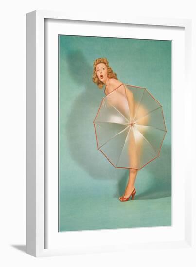 Naked Lady Hiding Behind Transparent Umbrella-null-Framed Art Print