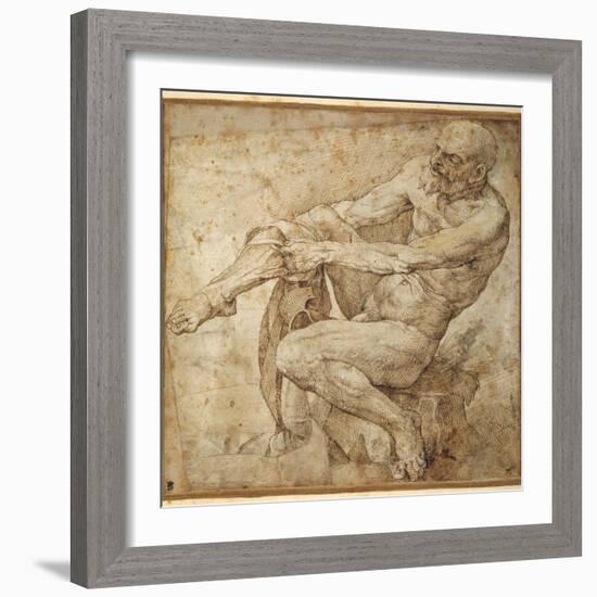 Naked Man Pulling on His Hose, after Marcantonio Raimondi and Michelangelo Buonarroti-Bartolomeo Passarotti-Framed Giclee Print