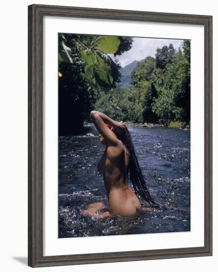 Naked Tahitian Woman Bathing in a River-null-Framed Photographic Print